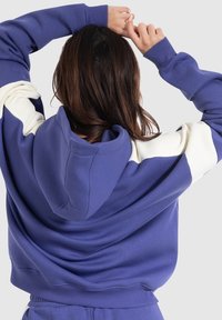 Purple hooded sweatshirt with white accents, relaxed fit, soft texture, long sleeves, and ribbed cuffs. Rear view showing hood and color blocking.