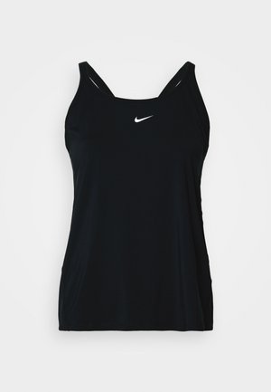Černý sportovní top bez rukávů s tenkými ramínky a logem Nike v bílé barvě. Hladký, lehký materiál s přiléhavým střihom a postranními švy.