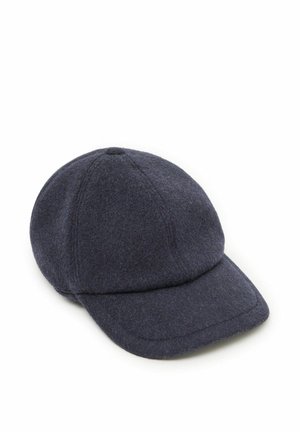 Uld baseball cap i mørk marineblå. Rund krone med syningsdetaljer. Krummende skygge, der strækker sig fremad. Blød tekstur med en glat overflade.