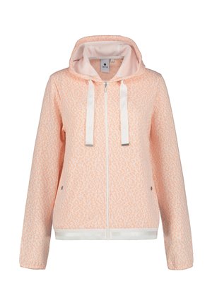 Sweat à capuche pêche avec un imprimé animal texturé, fermeture éclair à l'avant, cordons de serrage blancs ajustables et ourlet blanc. Comprend une capuche doublée en maille.