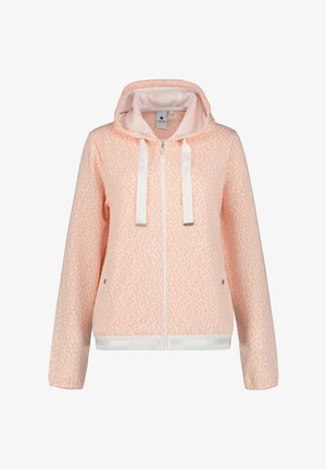 Sweat à capuche pêche avec un imprimé animal texturé, fermeture éclair à l'avant, cordons de serrage blancs ajustables et ourlet blanc. Comprend une capuche doublée en maille.