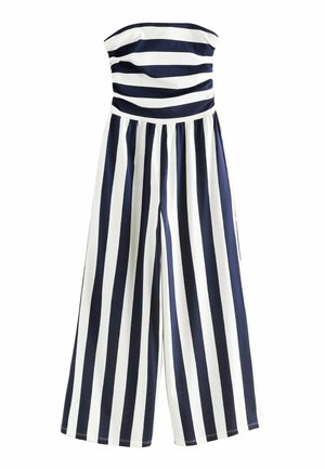 Jumpsuit bez ramínek s horizontálními námořnickými a bílými pruhy, širokými nohavicemi, hladkou texturou a nařaseným detailem v oblasti hrudníku.