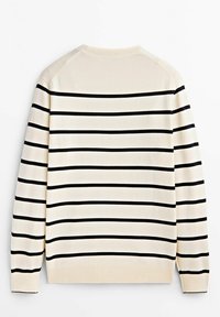 Cremfarbener Pullover mit schwarzen horizontalen Streifen. Verfügt über einen gerippten Rundhalsausschnitt und -manschetten. Weicher Stoff, lange Ärmel und lockere Passform.