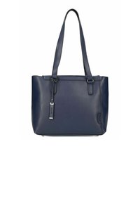 Marineblaue Leder-Tote-Tasche mit zwei Griffen, rechteckiger Form und silbernen Hardware-Elementen. Mit einem Markenetikett und glatter Oberfläche.