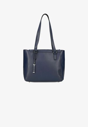 Marineblaue Leder-Tote-Tasche mit zwei Griffen, rechteckiger Form und silbernen Hardware-Elementen. Mit einem Markenetikett und glatter Oberfläche.