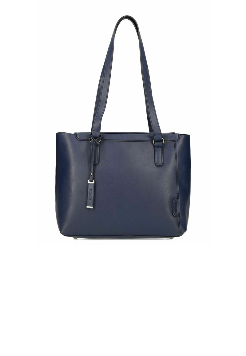 Marineblaue Leder-Tote-Tasche mit zwei Griffen, rechteckiger Form und silbernen Hardware-Elementen. Mit einem Markenetikett und glatter Oberfläche.