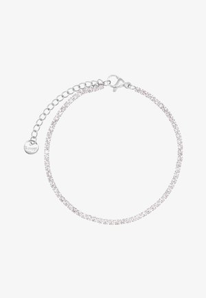 Bracciale argento con una catena di cristalli trasparenti, chiusura a gancio e catena estensibile regolabile per variazione delle misure.