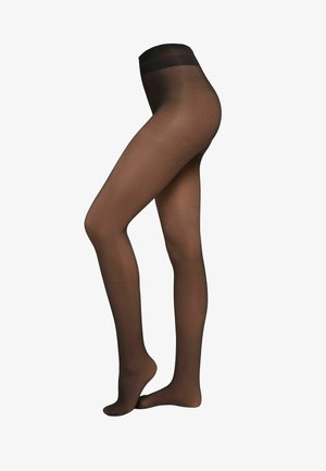 Durchsichtige braune Strumpfhosen mit einem breiten, glatten Bund. Das Design weist eine halbtransparente Textur auf, die das Bein von den Füßen bis zur Taille bedeckt.