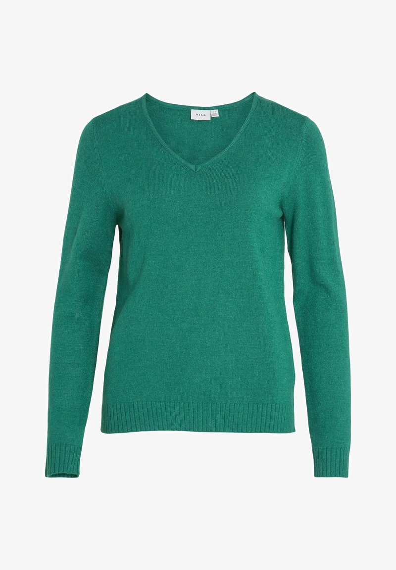 Pull vert à col en V manches longues avec poignets et ourlet côtelés, confectionné en tissu doux en maille, présenté sur fond blanc.