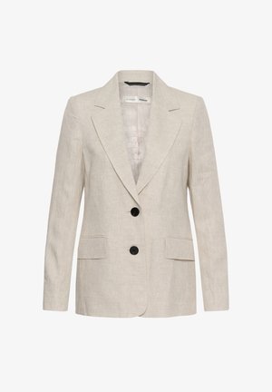 Blazer en lin beige avec deux boutons noirs, revers crantés, manches longues et deux poches à rabat à l'avant, style unisexe.