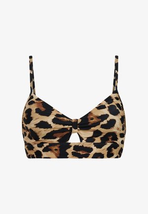 Leopard print bikini top with thin straps, center knot detail, and small cutout below the knot, shown on a white background.