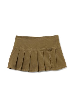 Khaki Corduroy-Plissierte Rock mit tailliertem Bund, zwei Knopfdetails an der Seite und einer strukturierten Stoffoberfläche.