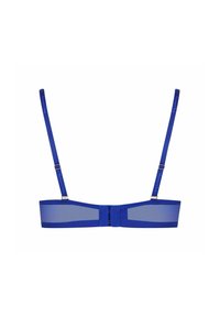 Soutien-gorge bleu avec des panneaux en maille et en tissu opaque, bretelles réglables et une fermeture à crochets au dos. Présente des accents de sangle de marque.