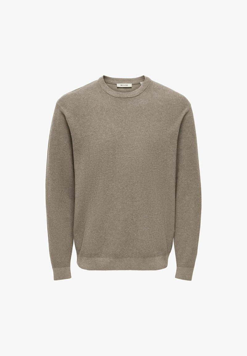 Pull tricoté marron clair à col rond avec manches longues et poignets et ourlet côtelés, présenté sur un fond blanc uni.