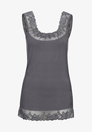 Débardeur gris foncé sans manches avec bordure en dentelle florale autour de l'encolure et de l'ourlet, confectionné dans un tissu doux et léger.