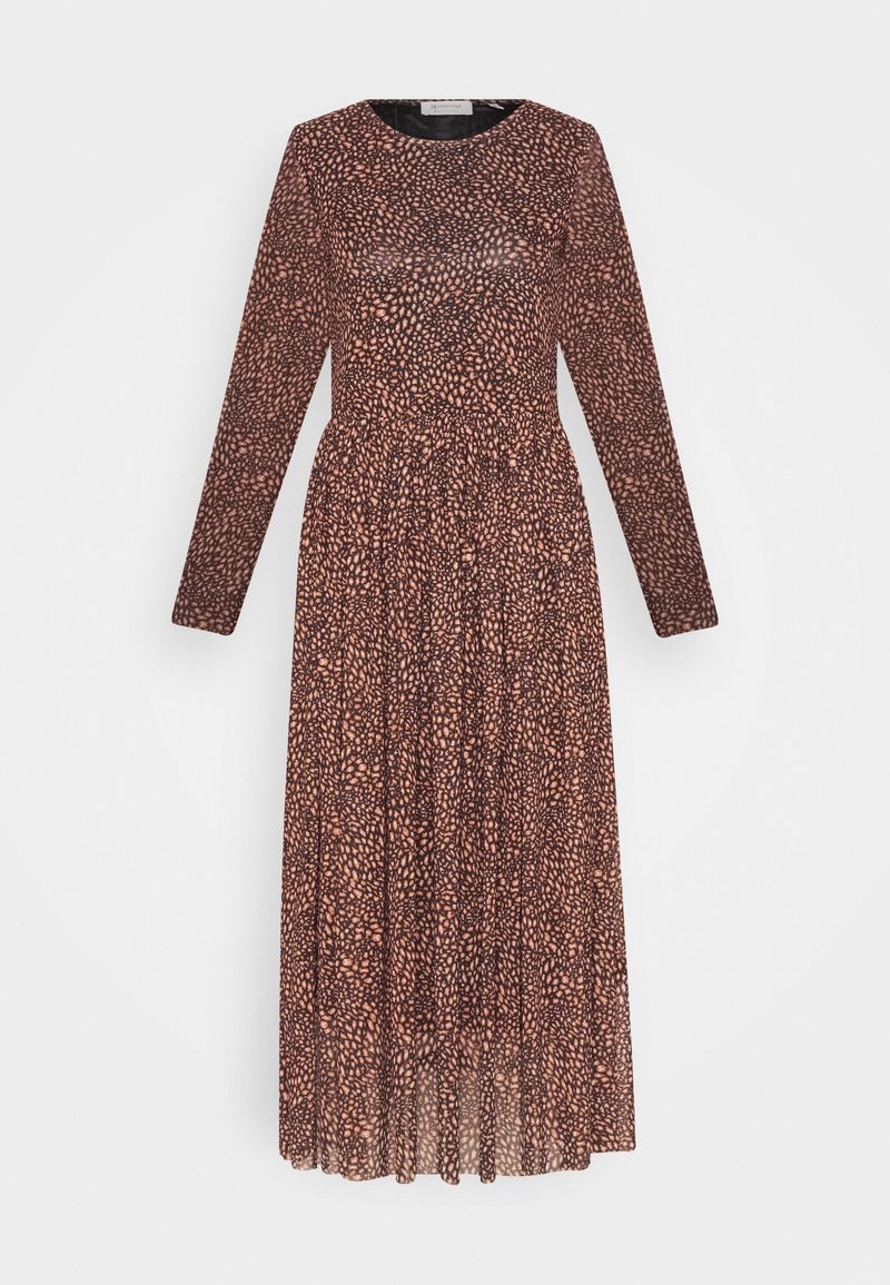 Brown midi dress with long sleeves, featuring a scattered dot pattern in pink. Slightly sheer material, round neckline, and flowing skirt.