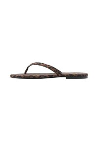 Leopard print flip-flop sandals with a flat sole, thin straps, and a smooth texture. Features bold black and brown patterns on the material.
