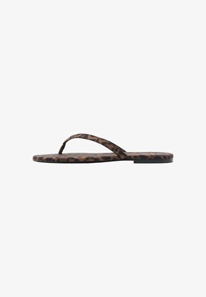 Leopard print flip-flop sandals with a flat sole, thin straps, and a smooth texture. Features bold black and brown patterns on the material.