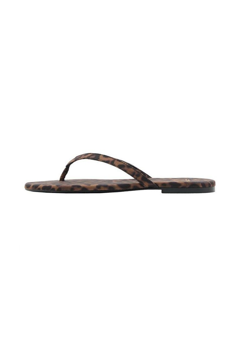 Leopard print flip-flop sandals with a flat sole, thin straps, and a smooth texture. Features bold black and brown patterns on the material.