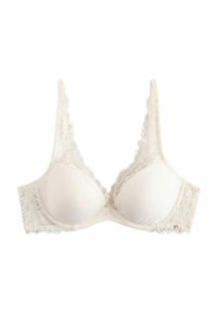 Reggiseno in pizzo bianco e tessuto liscio con scollatura profonda, raffinata rifinitura in pizzo lungo i bordi e spalline regolabili.