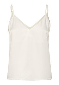 Camisola a V in tessuto color crema chiaro. Spalline sottili e regolabili con hardware in metallo. Texture liscia e design minimale, senza motivi né dettagli.