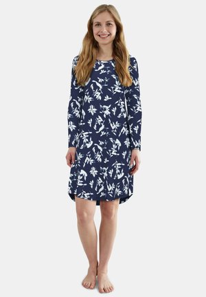 Navy dress with long sleeves and a floral white print, featuring a round neck and a curved hemline, made from a smooth, lightweight fabric.