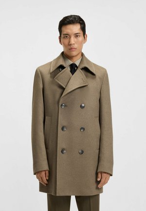 Brown wool double-breasted coat with large dark buttons, notched collar, and side pockets. Textured fabric with a tailored fit.