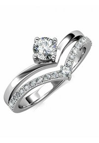 Silberring mit einem runden zentralen Diamanten, akzentuiert durch kleinere Diamanten entlang eines gewellten Bandes mit polierter Oberfläche.