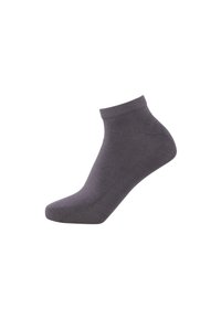 Gray ankle sock with a smooth texture, crafted from soft material. Features a ribbed cuff and a rounded toe design.
