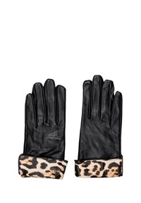 Guanti in pelle nera con polsino a stampa leopardata. Texture liscia, design aderente e quattro dita affusolate; ideali per calore e stile.