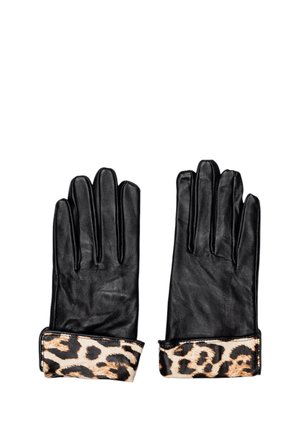 Guanti in pelle nera con polsino a stampa leopardata. Texture liscia, design aderente e quattro dita affusolate; ideali per calore e stile.