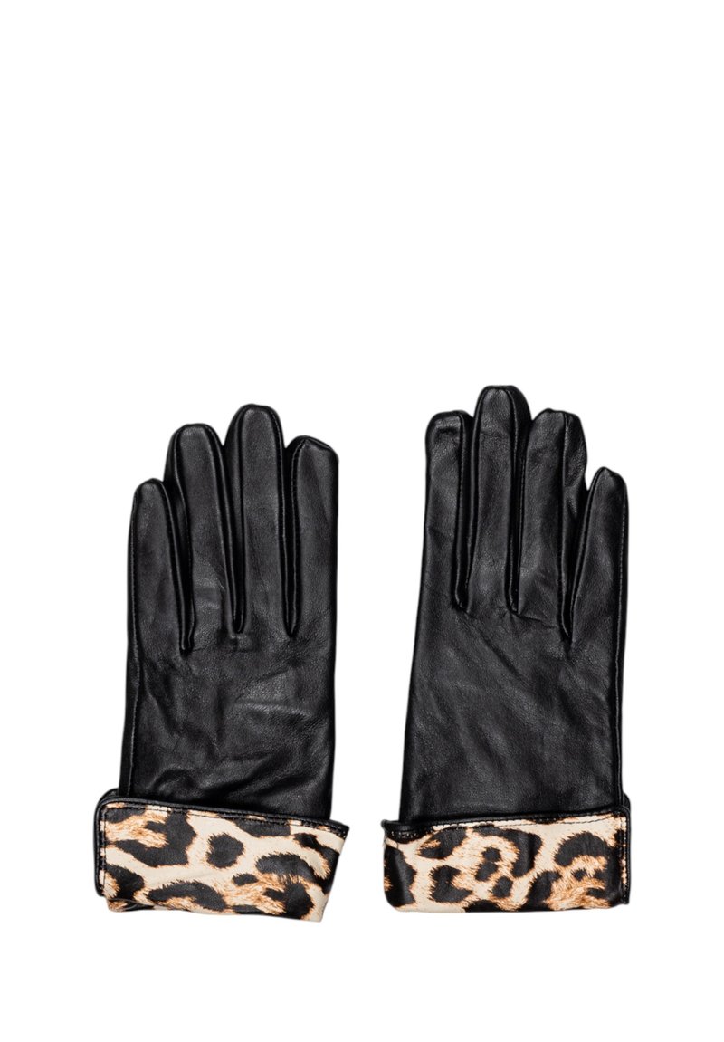 Guanti in pelle nera con polsino a stampa leopardata. Texture liscia, design aderente e quattro dita affusolate; ideali per calore e stile.