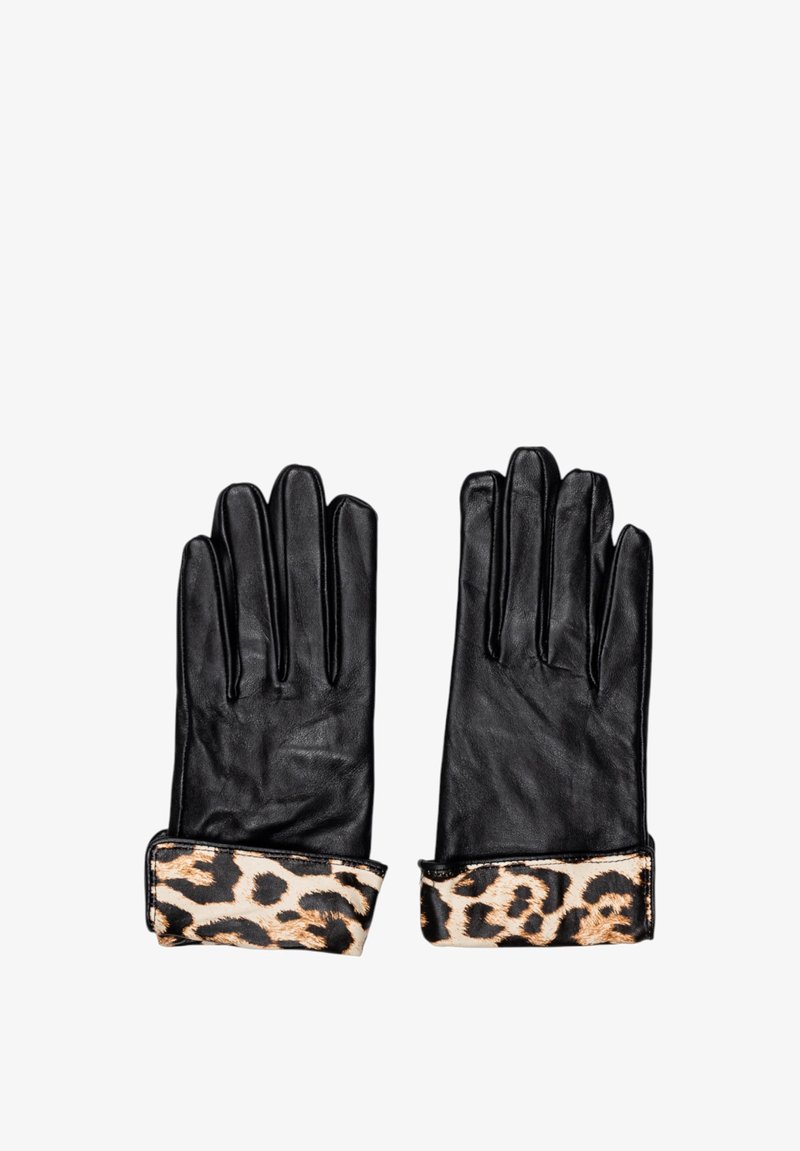 Guanti in pelle nera con polsino a stampa leopardata. Texture liscia, design aderente e quattro dita affusolate; ideali per calore e stile.