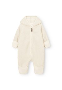 Cremfarbene Fleece-Jumpsuit mit Reißverschluss vorne, Kapuze und elastischen Bündchen. Weiche Textur, runde Form und gemütliches Design für Wärme.