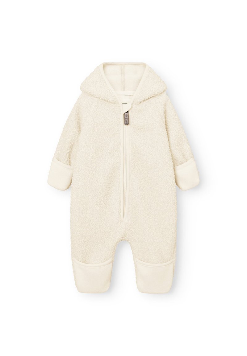 Cremfarbene Fleece-Jumpsuit mit Reißverschluss vorne, Kapuze und elastischen Bündchen. Weiche Textur, runde Form und gemütliches Design für Wärme.