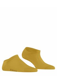Gelbe Knöchelsocken aus weichem Material mit glatter Textur und einem gerippten Bündchen. Mit aufgedrucktem Logo an der Seite.