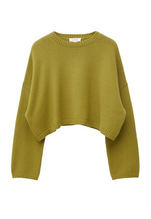 Olijfgroene cropped gebreide trui met lange mouwen en geribbelde ronde hals, manchetten en zoom.