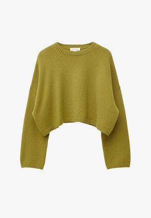 Olijfgroene cropped gebreide trui met lange mouwen en geribbelde ronde hals, manchetten en zoom.