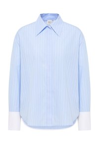 Light blue striped shirt in cotton, featuring a classic collar, long sleeves with white cuffs, and a curved hem. Vertical stripes pattern.