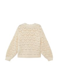 Pull en tricot couleur crème avec un motif ondulé, col rond et manches bouffantes. Le fil texturé crée un aspect aérien.