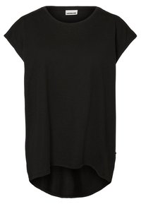 Černý top s krátkým rukávem a kulatým výstřihem, s mírně delším zadním lemem a jemnou texturou látky. Jednoduchý design bez vzorů nebo akcentů.