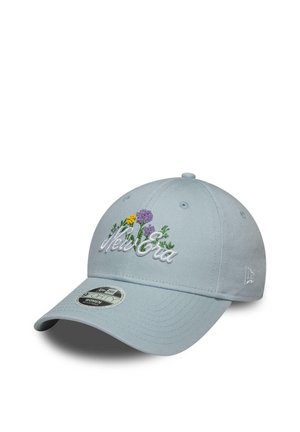 Light blue cap with embroidered flowers in purple, yellow, and green, featuring a curved brim and adjustable snapback closure.