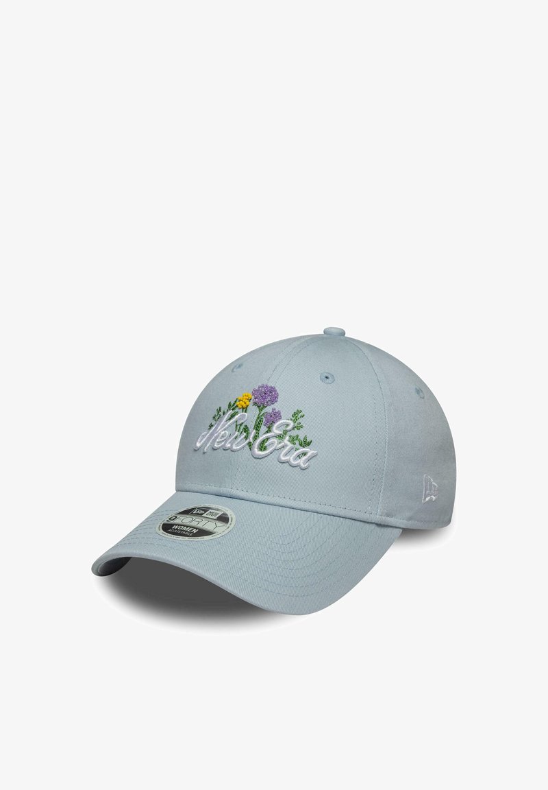 Light blue cap with embroidered flowers in purple, yellow, and green, featuring a curved brim and adjustable snapback closure.