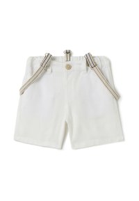 Witte katoenen short met knoopsluiting en elastische tailleband. Uitrusting met gestreepte bretels met clips en zijzakken.