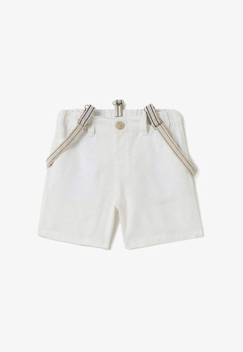 Shorts en coton blanc avec fermeture à boutons et taille élastique. Comprend des bretelles rayées avec clips et poches latérales.