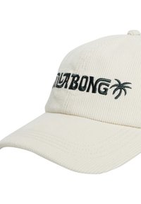 Hvid kordfløjl baseball cap med sort broderet "BONG" tekst og palme design. Har en buet skygge og synlige detaljer.