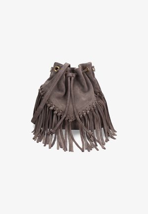 Gray suede bucket bag with fringed detailing, drawstring closure, and gold-tone hardware accents. Soft texture and rounded shape.