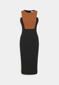 Robe moulante avec un corsage noir et un col structuré marron. Réalisée dans un tissu lisse, elle présente une coupe longueur genou.