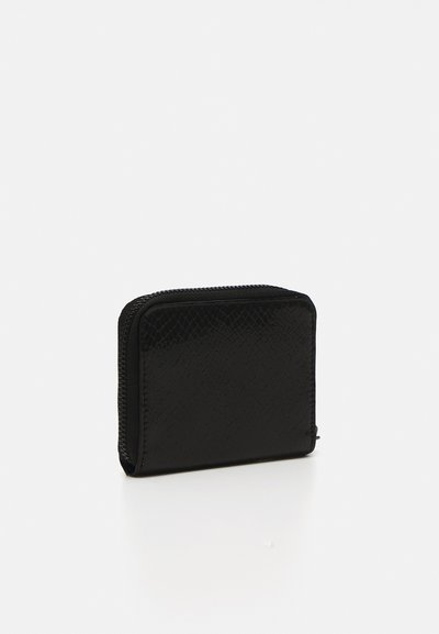 Black wallet made of textured synthetic material, rectangular shape with a zip closure, featuring a snake skin pattern.