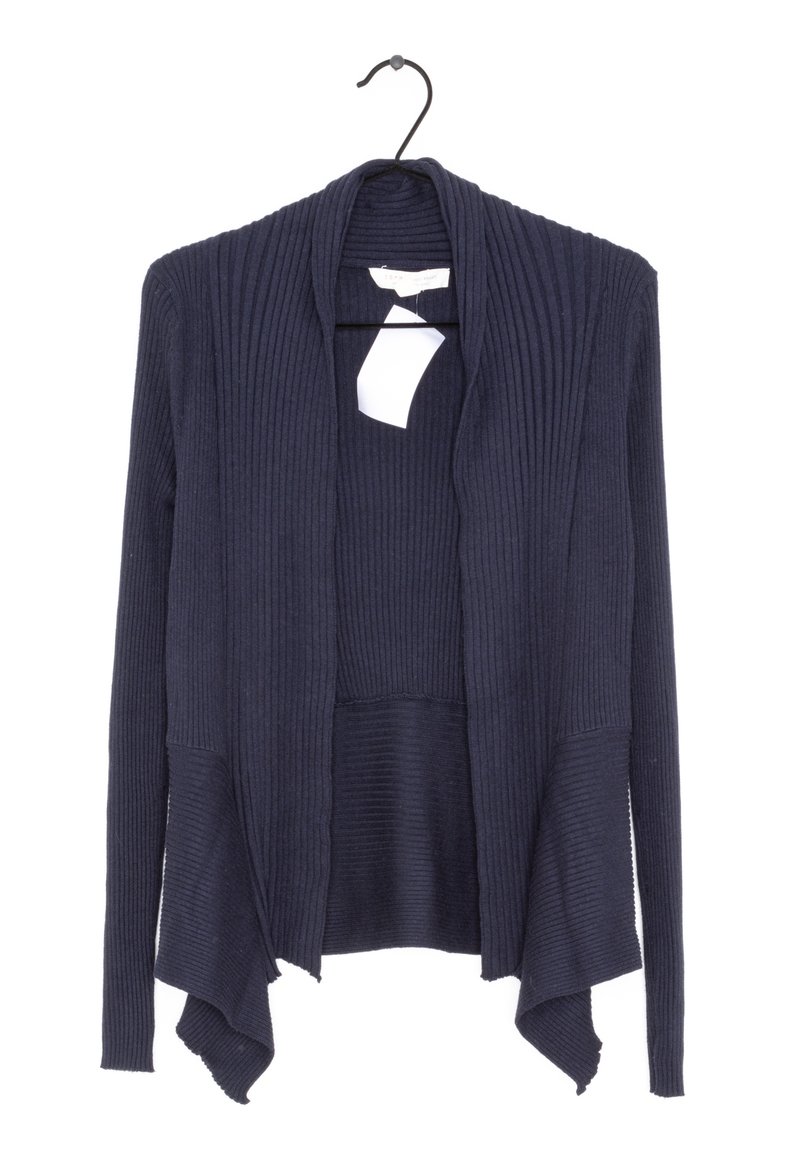 Marine blauwe geribde cardigan met open voorkant en lange mouwen. Kenmerkt zich door een zachte textuur en een vloeiende zoom die aan de zijkanten uitloopt.